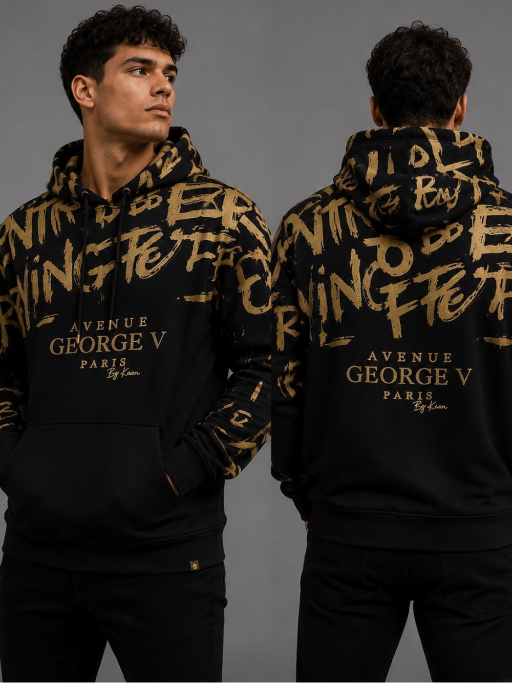George V Paris Black & Gold Graphic Mens Rhinestone Hoodie
